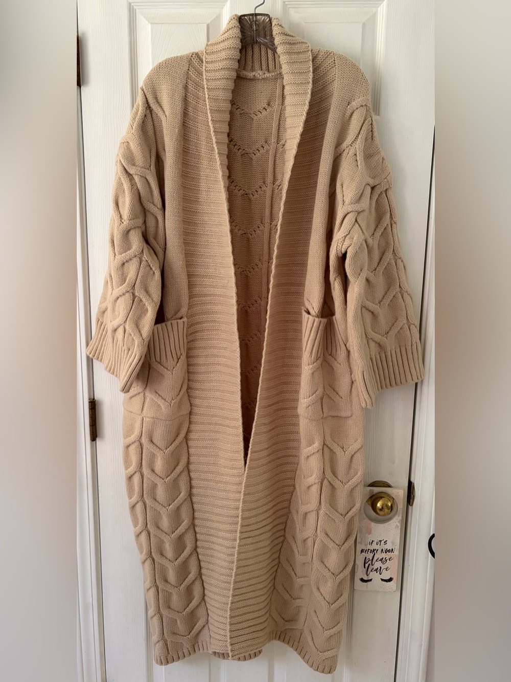 Beige Cable Knit Open-Front Long Women's Cardigan Sweater
